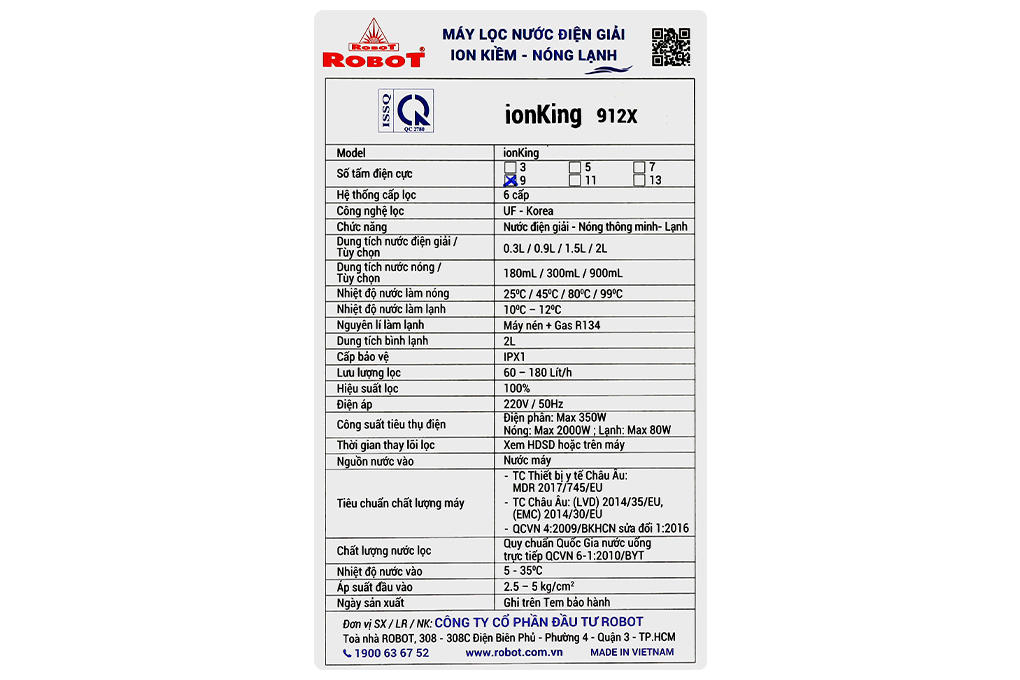 Máy lọc nước điện giải ion kiềm nóng nguội lạnh ROBOT IonKing 912X 9 tấm điện cực - 20