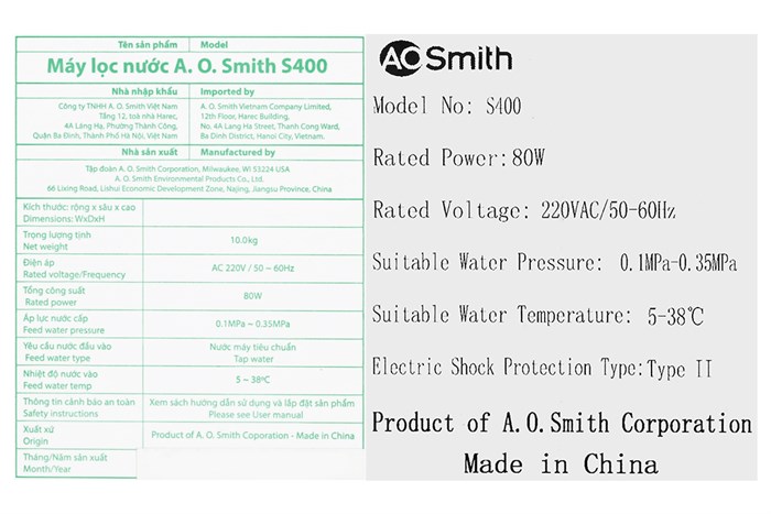 Máy lọc nước RO AOSmith S400 3 lõi Màu Trắng