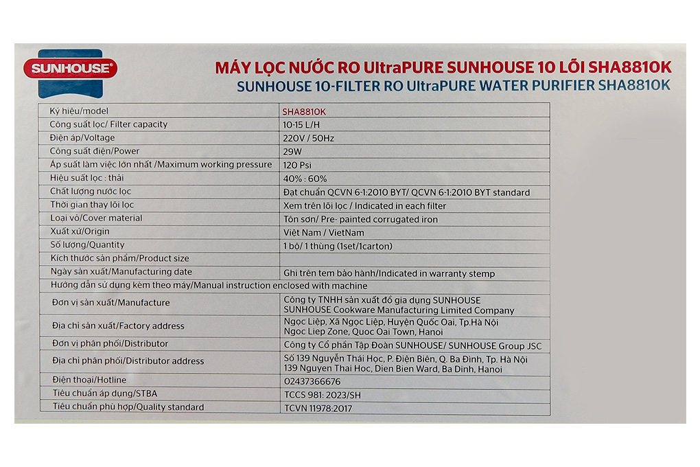 Máy lọc nước RO Hydrogen Sunhouse UltraPURE SHA8810K 10 lõi Màu Đen