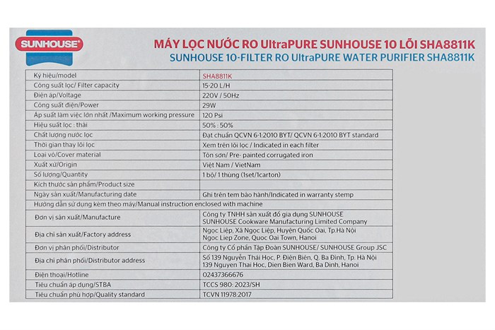 Máy lọc nước RO Sunhouse UltraPURE SHA8811K 10 lõi Màu Đen