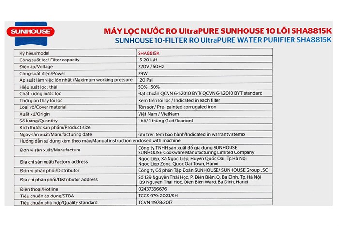 Máy lọc nước RO Sunhouse UltraPURE SHA8815K 10 lõi Màu Đen