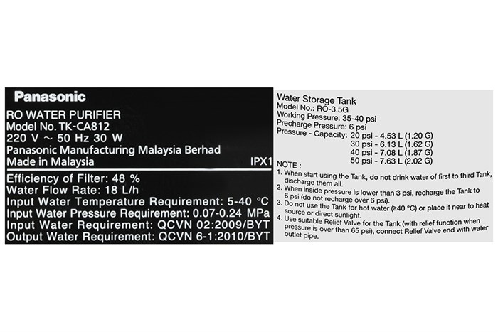 Máy lọc nước RO Panasonic TK-CA812M-VN 6 lõi Màu Đen
