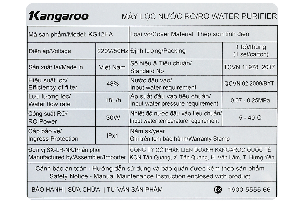 Máy lọc nước RO Hydrogen Kangaroo Sumire KG12HA 12 lõi Màu Đen