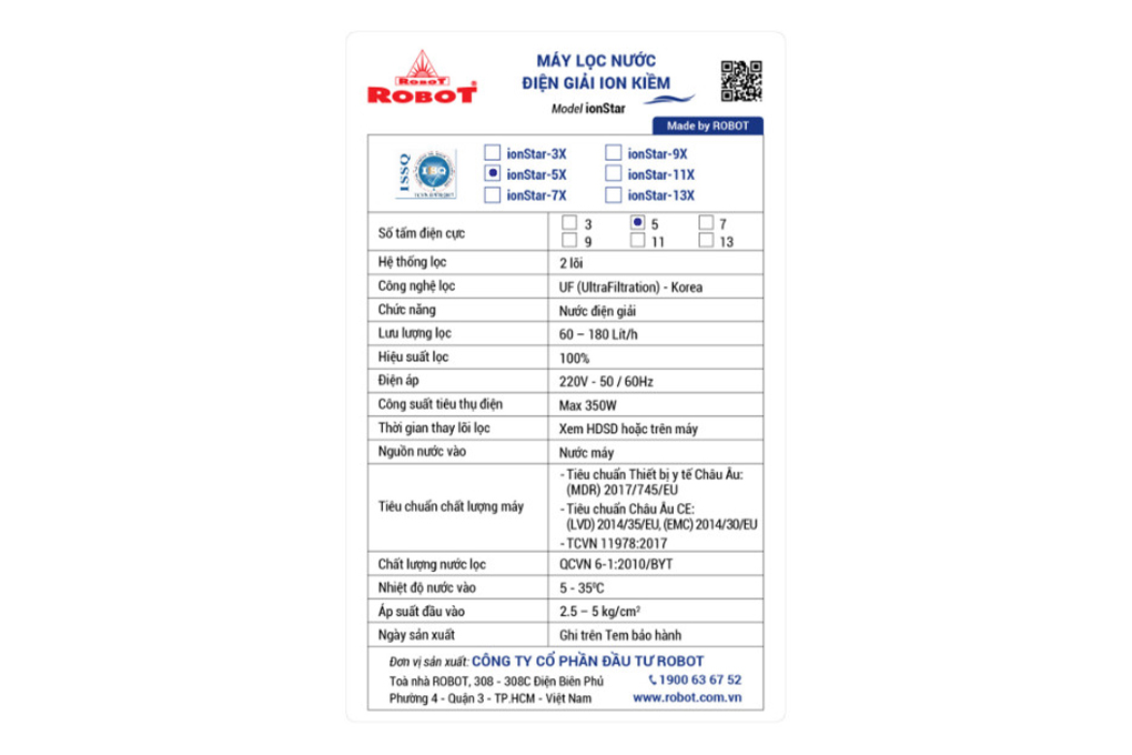 Máy lọc nước điện giải ion kiềm ROBOT IonStar 5X 5 tấm điện cực Màu Trắng