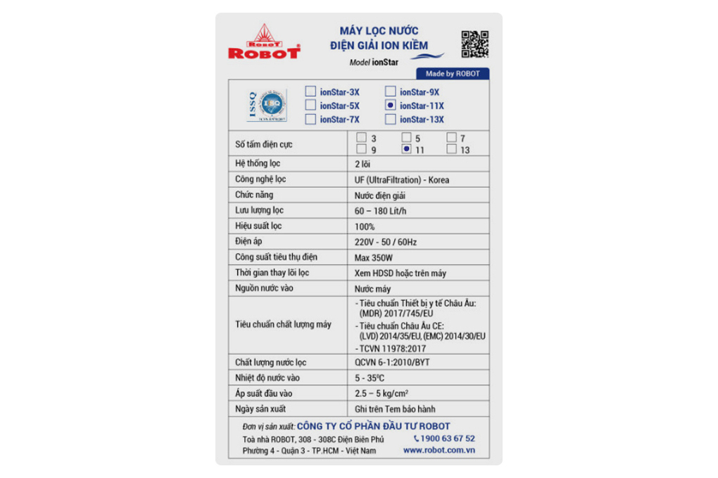 Máy lọc nước điện giải ion kiềm ROBOT IonStar 11X 11 tấm điện cực Màu Trắng