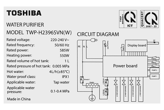 Máy lọc nước RO nóng nguội Hydrogen Toshiba TWP-H2396SVN(W) 10 lõi Màu Trắng