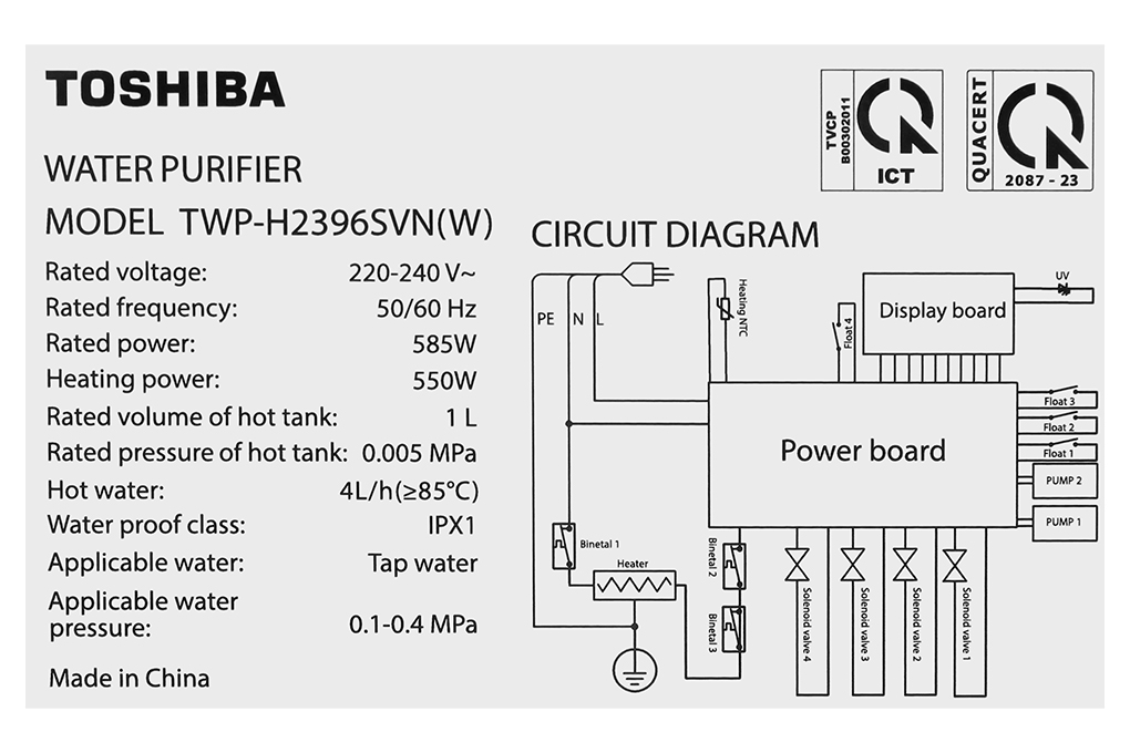 Máy lọc nước RO nóng nguội Hydrogen Toshiba TWP-H2396SVN(W) 10 lõi Màu Trắng