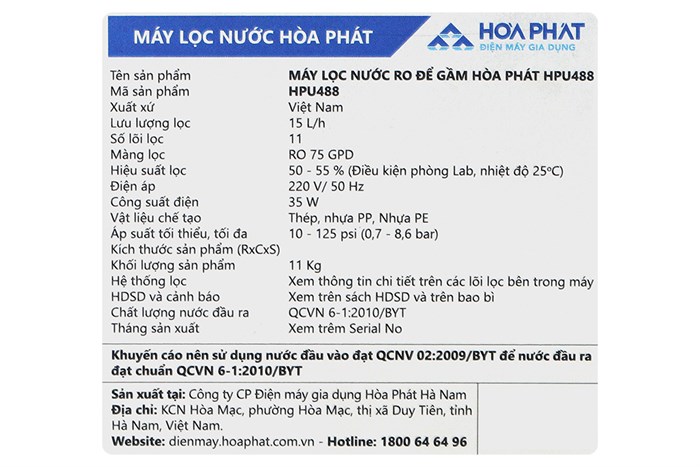 Máy lọc nước RO Hydrogen Hòa Phát HPU488 11 lõi Màu Trắng/Đen