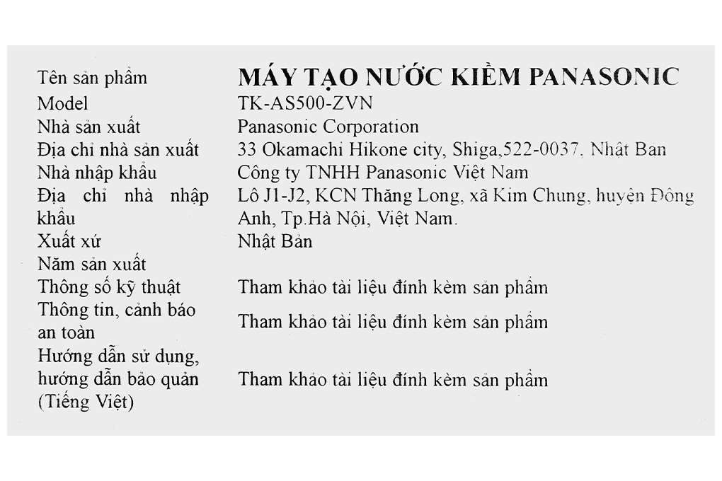 Máy lọc nước điện giải ion kiềm Panasonic TK-AS500-ZVN 3 tấm điện cực Màu Trắng - Xám