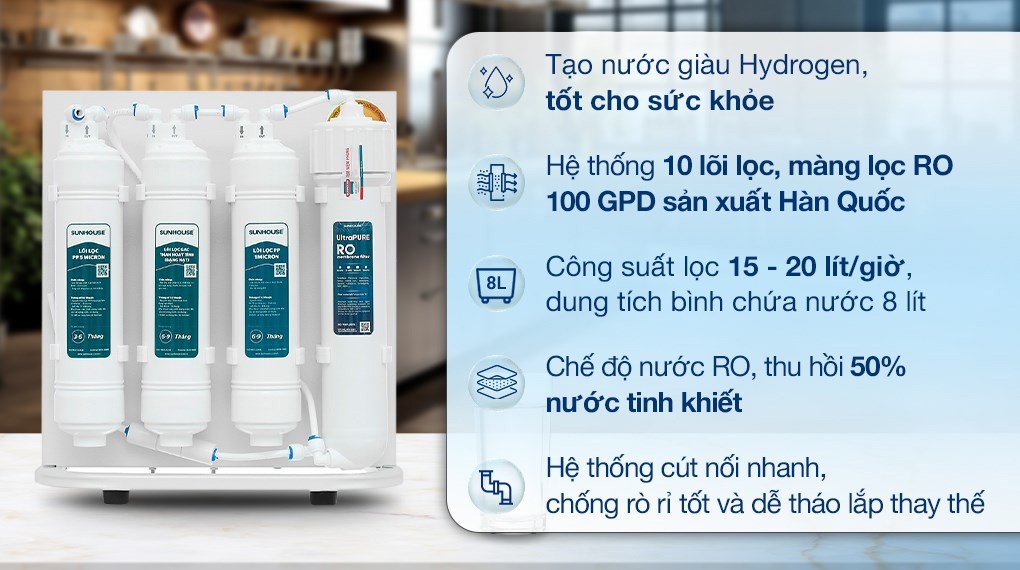 Máy lọc nước RO Hydrogen Sunhouse SHA8201KV 10 lõi