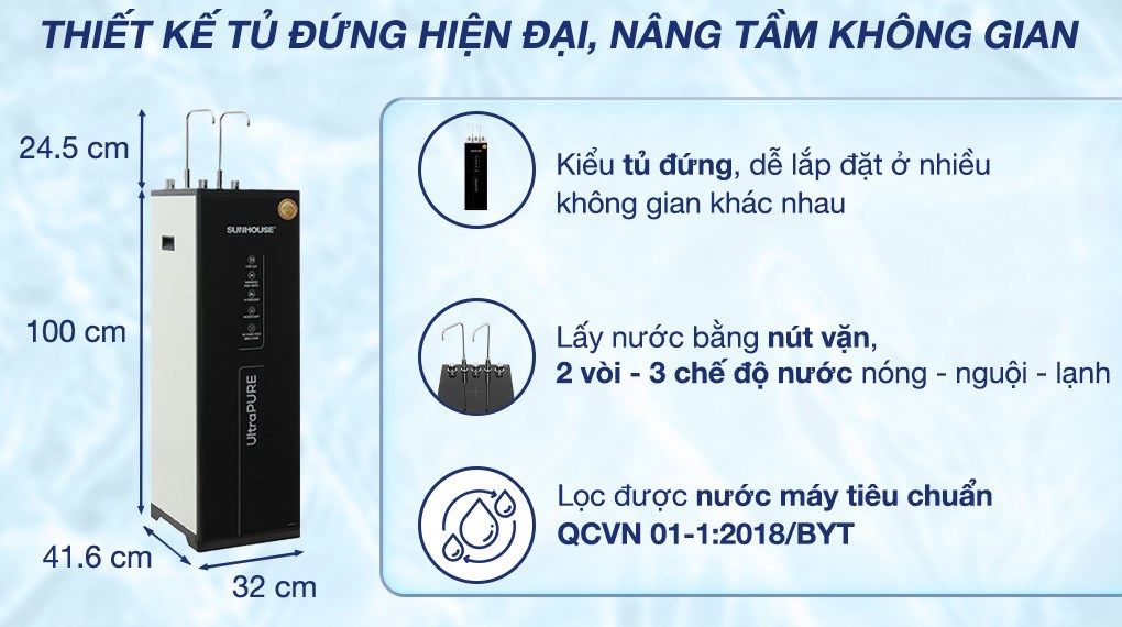 Máy lọc nước RO nóng nguội lạnh Hydrogen Sunhouse UltraPURE SHA76623KL 11 lõi