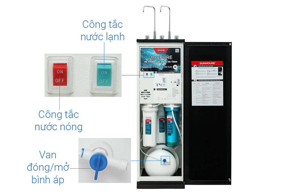 Máy lọc nước RO nóng nguội lạnh Hydrogen Sunhouse UltraPURE SHA76623KL 11 lõi Màu Trắng/Đen