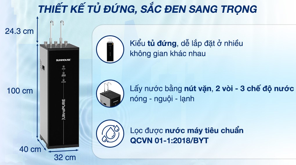 Máy lọc nước RO nóng nguội lạnh Hydrogen Sunhouse UltraPURE SHA76222KL 11 lõi