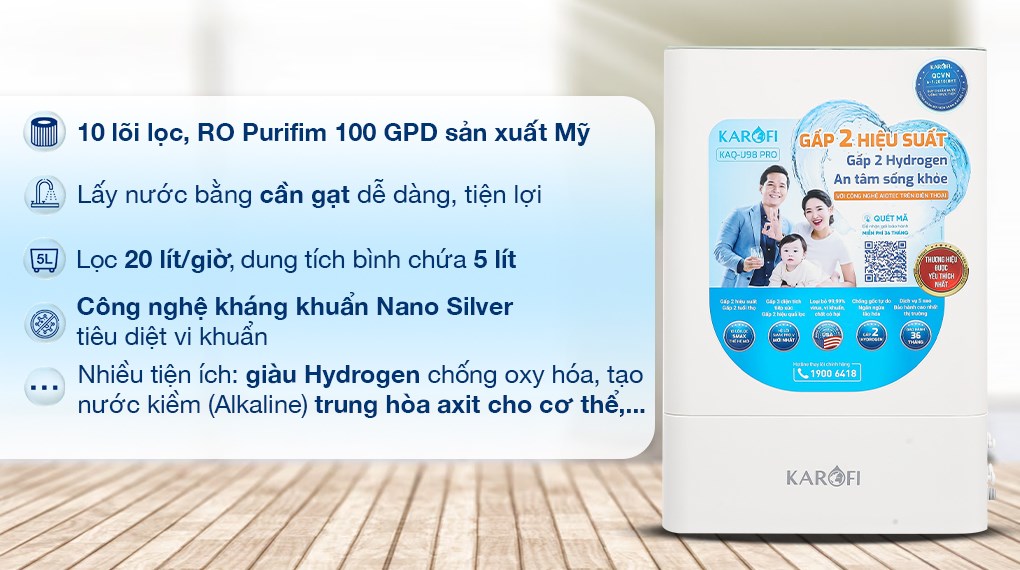 Máy lọc nước RO Hydrogen Karofi KAQ-U98 Pro 10 lõi