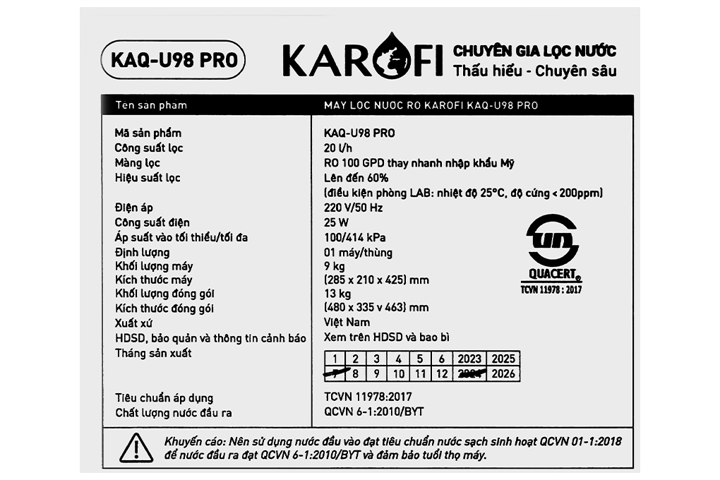 Máy lọc nước RO Hydrogen Karofi KAQ-U98 Pro 10 lõi Màu Trắng