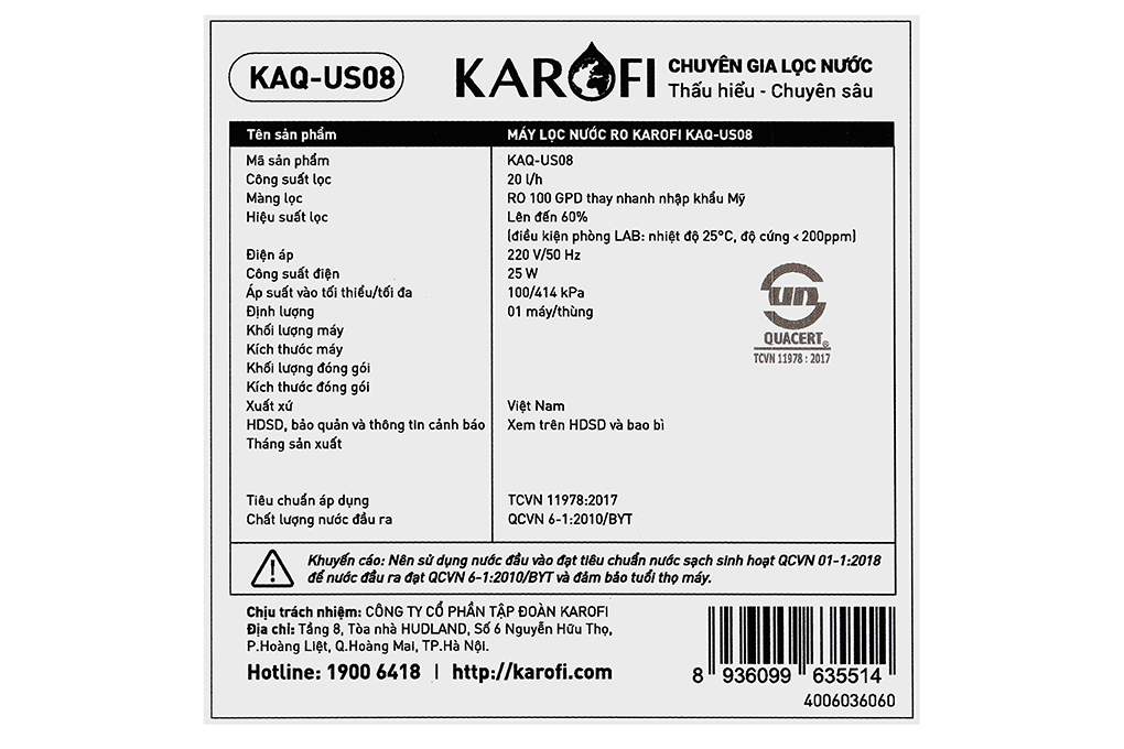 Máy lọc nước RO Karofi KAQ-US08 10 lõi Màu Trắng