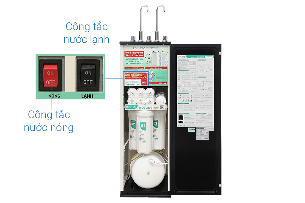 Máy lọc nước RO nóng nguội lạnh Hydrogen Livotec 638 10 lõi Màu Đen
