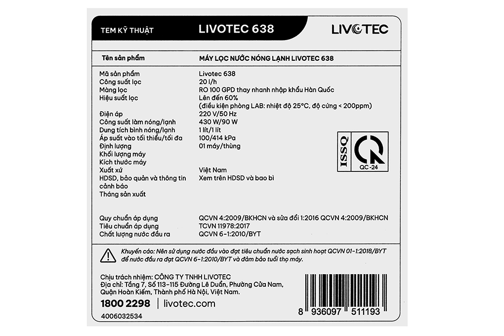 Máy lọc nước RO nóng nguội lạnh Hydrogen Livotec 638 10 lõi Màu Đen
