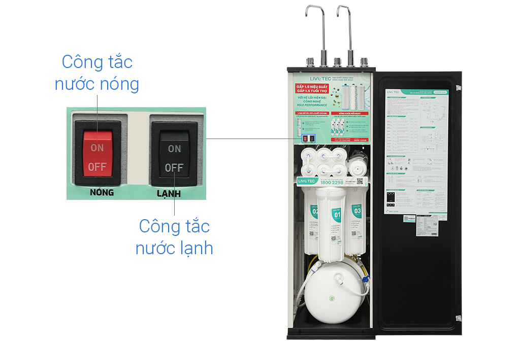 Máy lọc nước RO nóng nguội lạnh Hydrogen Livotec 636 10 lõi Màu Đen