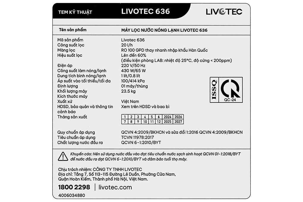Máy lọc nước RO nóng nguội lạnh Hydrogen Livotec 636 10 lõi Màu Đen