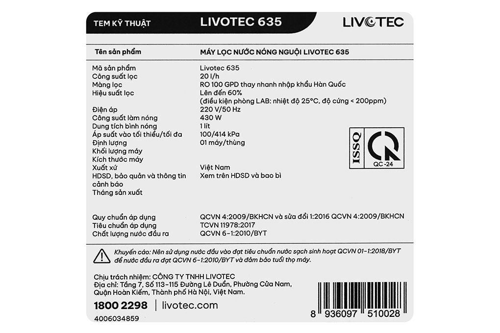 Máy lọc nước RO nóng nguội Hydrogen Livotec 635 10 lõi Màu Đen