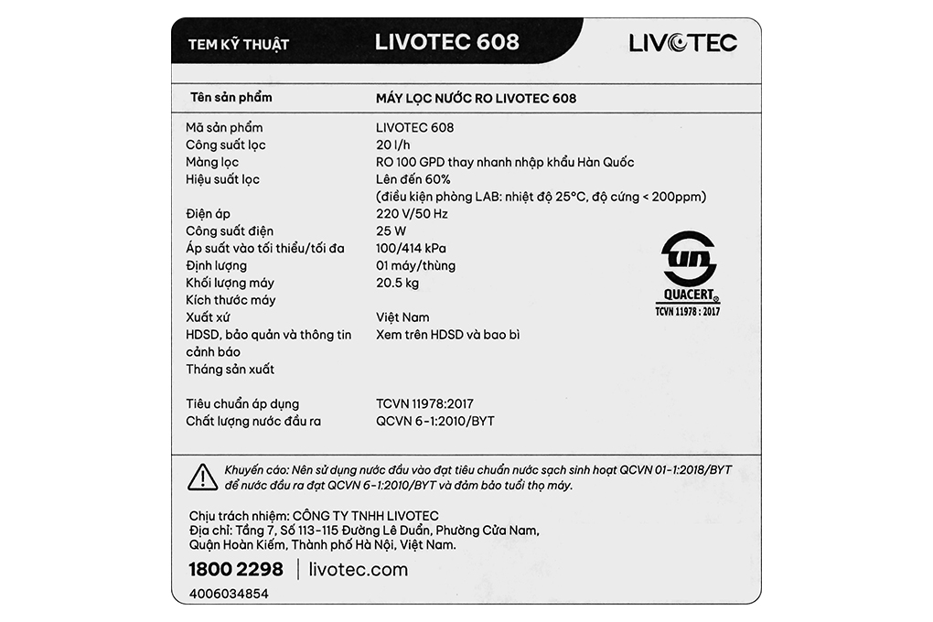 Máy lọc nước RO Hydrogen Livotec 608 10 lõi Màu Đen