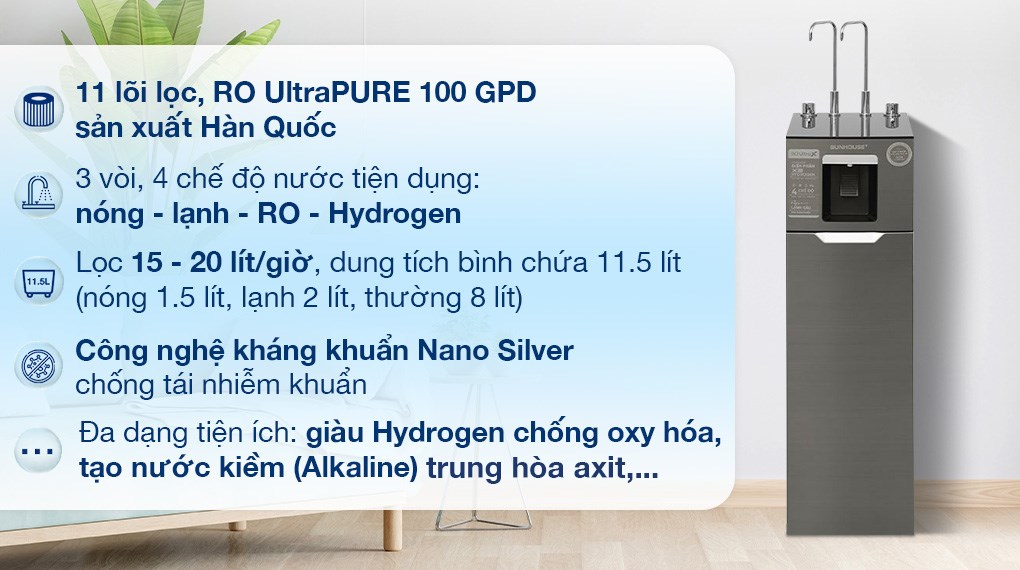 Máy lọc nước RO nóng nguội lạnh Hydrogen Sunhouse UltraX SHA76658SH 11 lõi