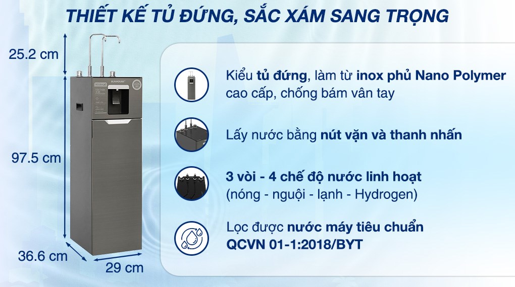 Máy lọc nước RO nóng nguội lạnh Hydrogen Sunhouse UltraX SHA76668SH 11 lõi