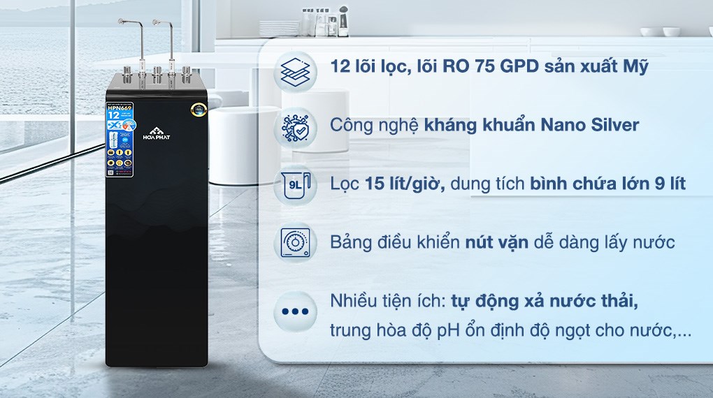 Máy lọc nước RO nóng nguội lạnh Hydrogen Hòa Phát HPN669 12 lõi