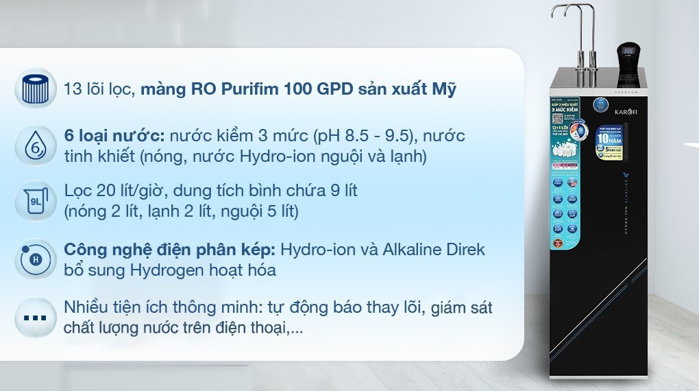 Máy lọc nước RO nóng nguội lạnh Hydrogen ion kiềm Karofi KAE-S695 13 lõi