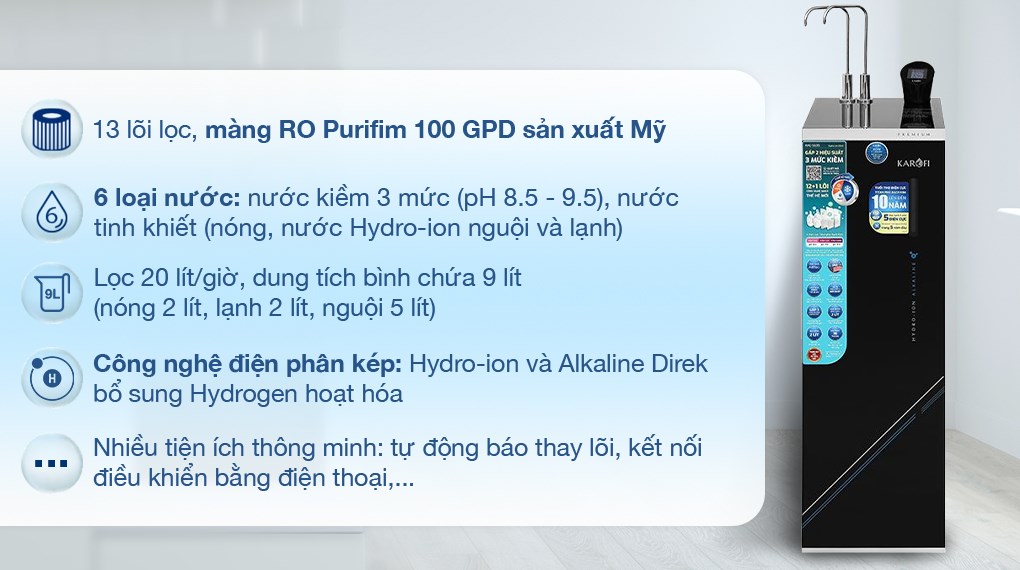 Máy lọc nước RO nóng nguội lạnh Hydrogen ion kiềm Karofi KAE-S695 13 lõi