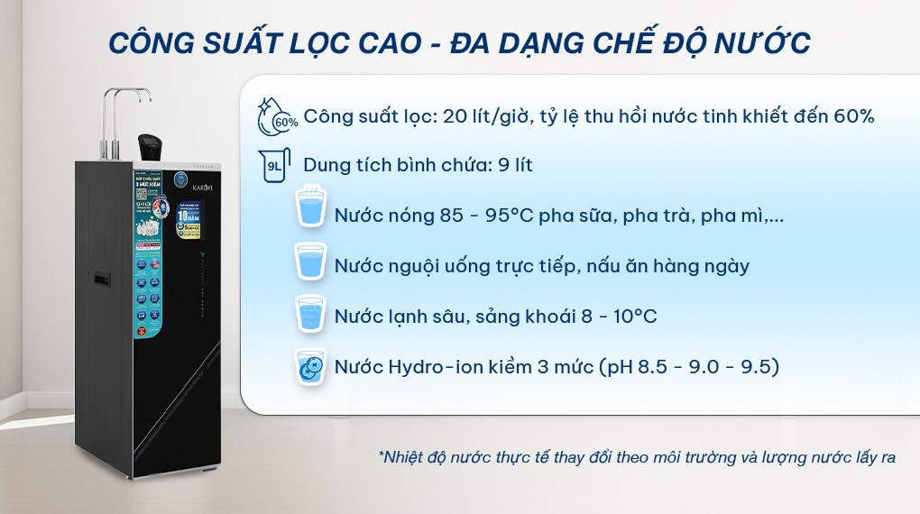Máy lọc nước RO nóng nguội lạnh Hydrogen ion kiềm Karofi KAE-S695 13 lõi