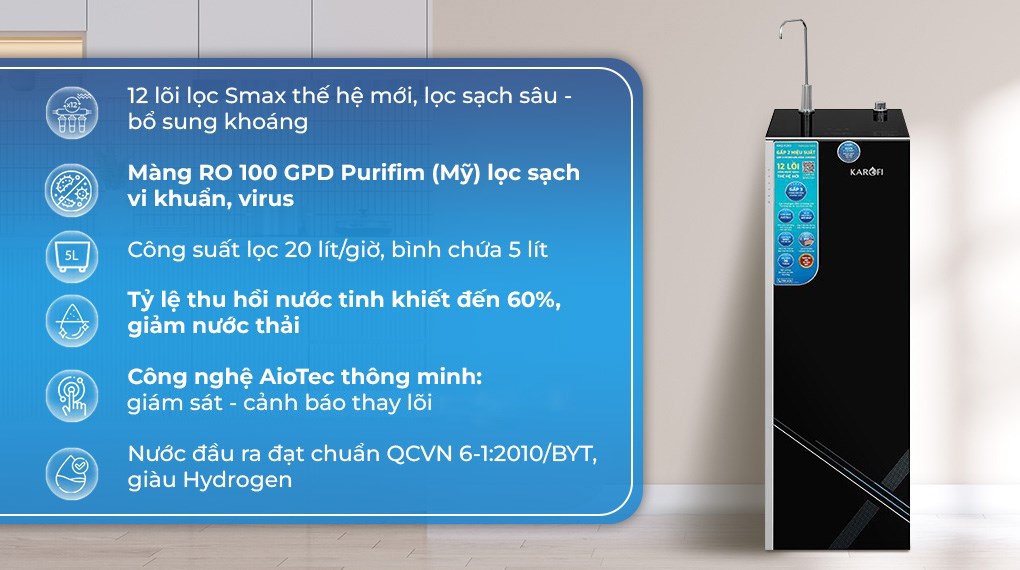 Máy lọc nước RO Hydrogen Karofi KAQ-X26S 12 lõi