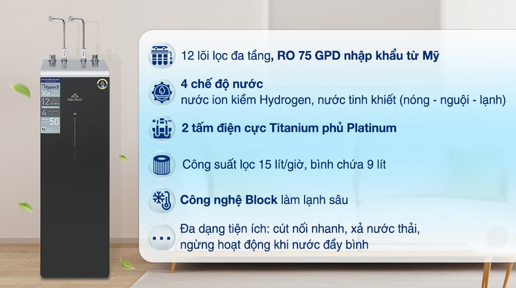 Máy lọc nước RO nóng nguội lạnh Hydrogen ion kiềm Hòa Phát HPA886 12 lõi