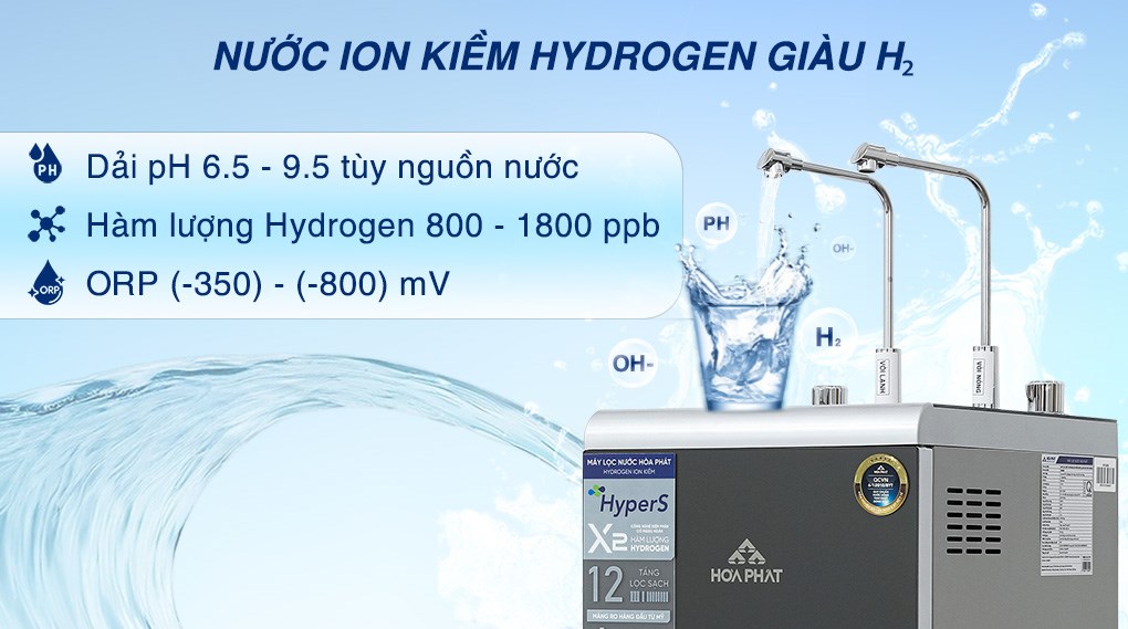 Máy lọc nước RO nóng nguội lạnh Hydrogen ion kiềm Hòa Phát HPA886 12 lõi