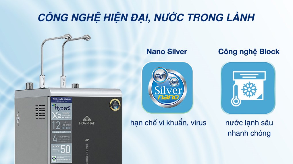 Máy lọc nước RO nóng nguội lạnh Hydrogen ion kiềm Hòa Phát HPA886 12 lõi