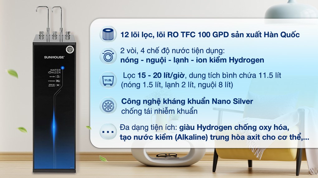 Máy lọc nước RO nóng nguội lạnh Hydrogen ion kiềm Sunhouse UltraX SHA76656LA 12 lõi