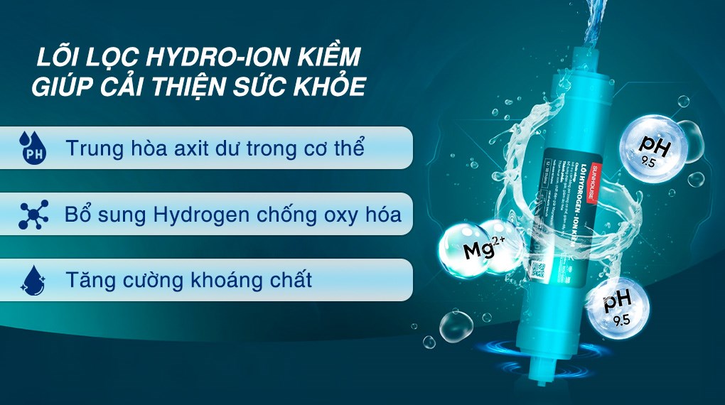 Máy lọc nước RO nóng nguội lạnh Hydrogen ion kiềm Sunhouse UltraX SHA76656LA 12 lõi