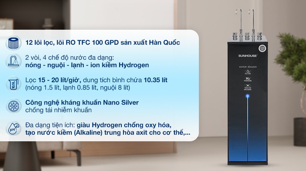 Máy lọc nước RO nóng nguội lạnh Hydrogen ion kiềm Sunhouse UltraX SHA76258LA 12 lõi