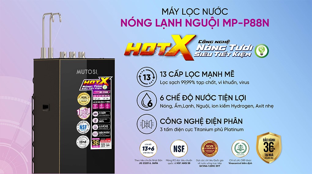 Máy lọc nước RO nóng nguội lạnh Hydrogen ion kiềm Mutosi MP-P88N 10 lõi