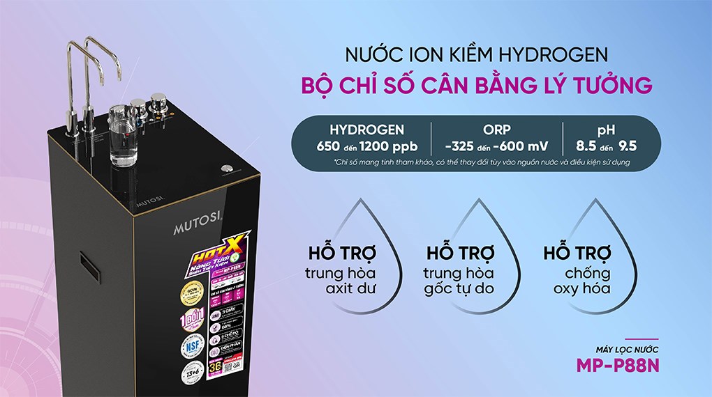 Máy lọc nước RO nóng nguội lạnh Hydrogen ion kiềm Mutosi MP-P88N 10 lõi