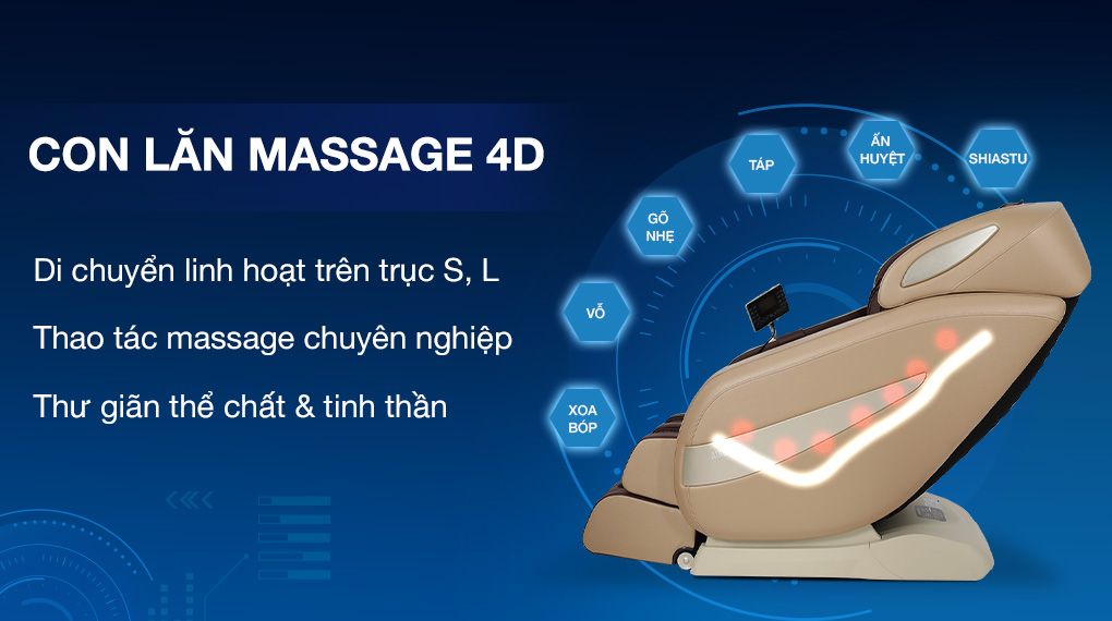 Ghế massage Airbike Sport MK-327 được trang bị hệ thống con lăn massage 4D giúp thư giãn thần kinh, giảm đau nhức cơ 