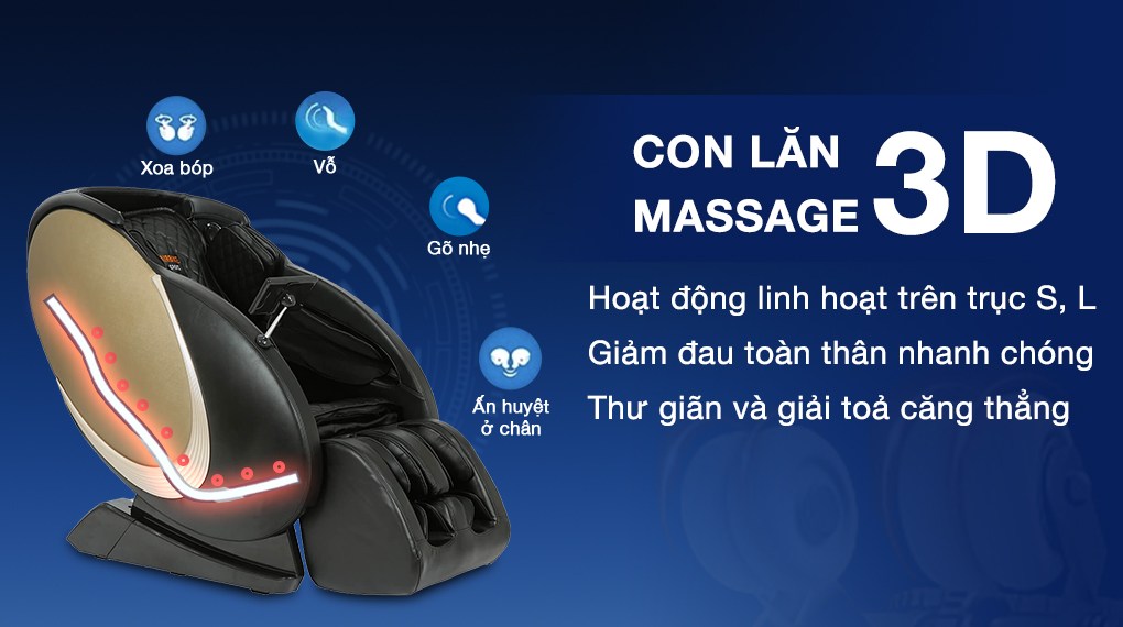 Ghế massage 3D Airbike Sport MK-335 được trang bị con lăn 3D chuyển động đa chiều, giúp làm giảm các cơn đau cơ hiệu quả