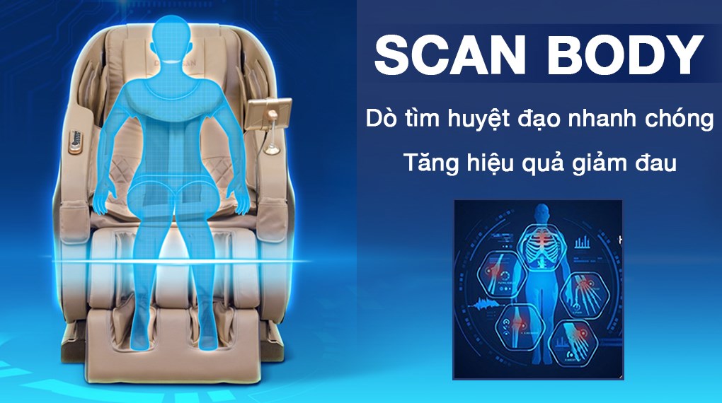 Ghế Massage Daikiosan DKGM-20001 được tích hợp tính năng Scan Body quét cơ thể người dùng từ đó đưa ra chương trình massage phù hợp