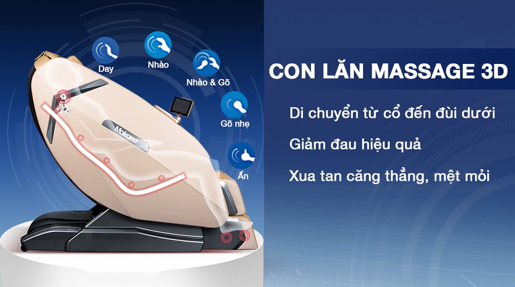 Ghế massage Makano MKGM-20002 sở hữu hệ thống con lăn 3D giúp xua tan căng thẳng và giảm đau nhức hiệu quả