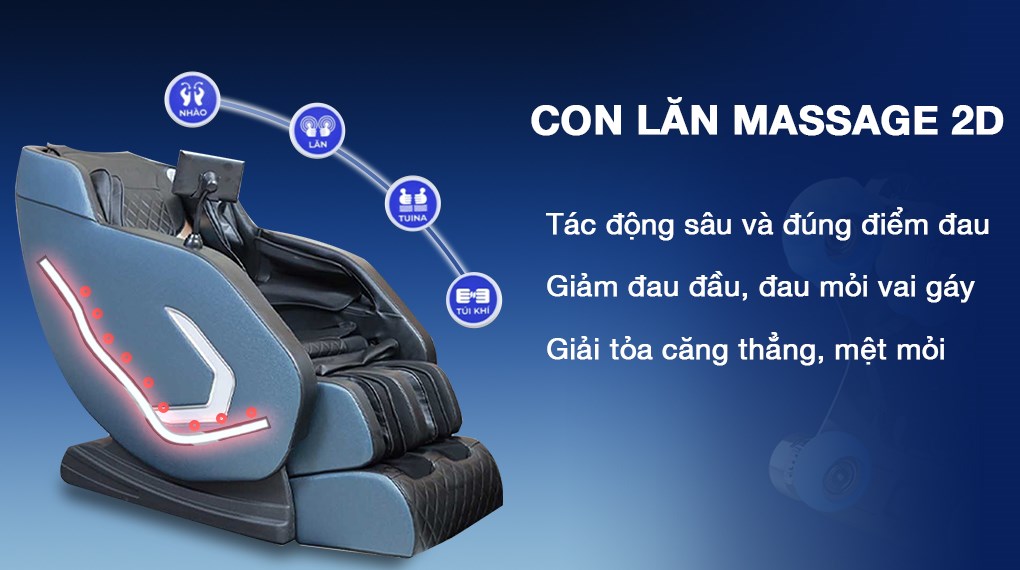 Ghế Massage Fuji Care FC 999 sử dụng con lăn 2D massage nhẹ nhàng nhưng vẫn tác động sâu và đúng điểm đau hiệu quả