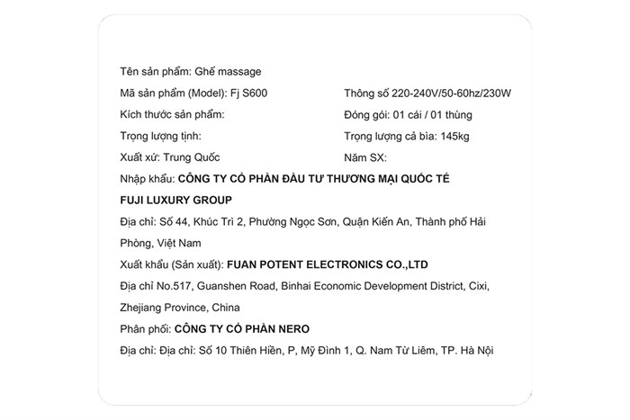 Ghế Massage Fuji Luxury FJ S600 Màu Đen
