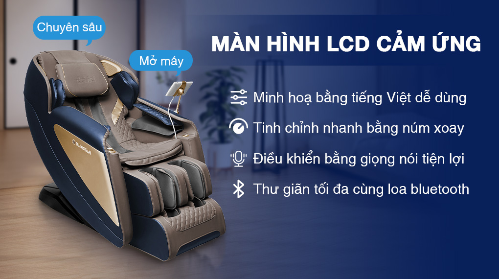 Bảng điều khiển trên ghế massage Daikiosan DKGM-20006 không chỉ cho phép người dùng điều khiến bằng giọng nói mà còn nghe nhạc qua loa Bluetooth