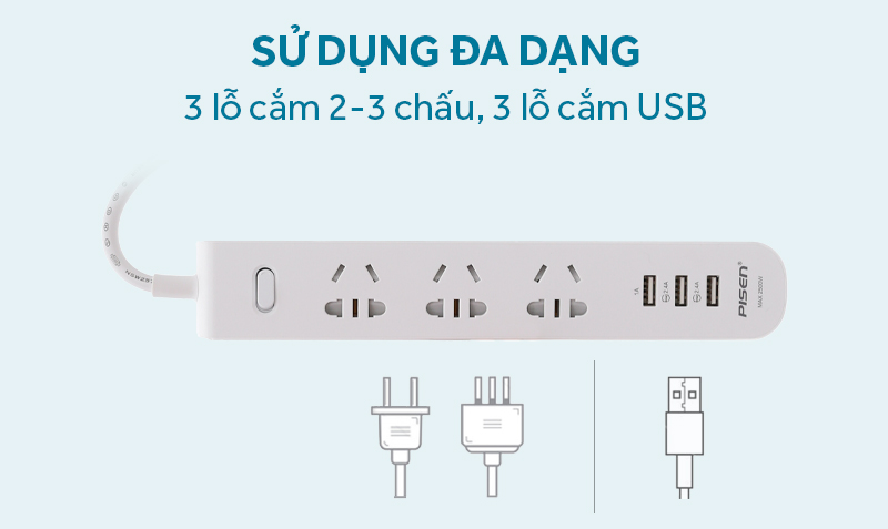 Ổ cắm điện 3 lỗ 3 USB 1.8m Pisen 303 Trắng
