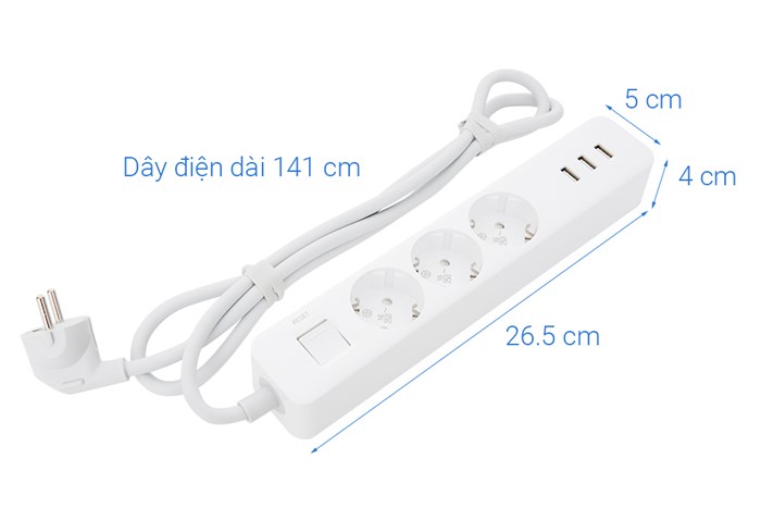 Ổ cắm điện 3 USB 3 lỗ 1.4m Xiaomi NRB4030GL Màu Trắng